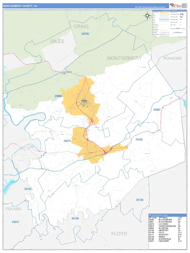 Montgomery County, VA ZIP Code Wall Map, Business Reference style