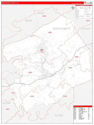 Montgomery County, VA RedLine style ZIP Code wall map
