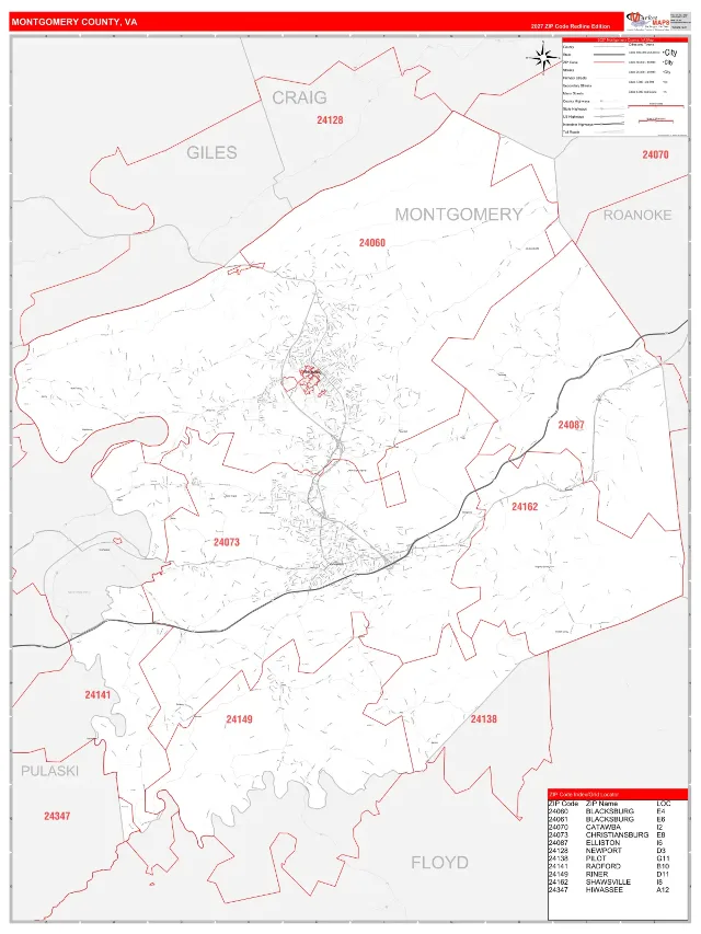 Montgomery County, VA ZIP Code Wall Map, RedLine style