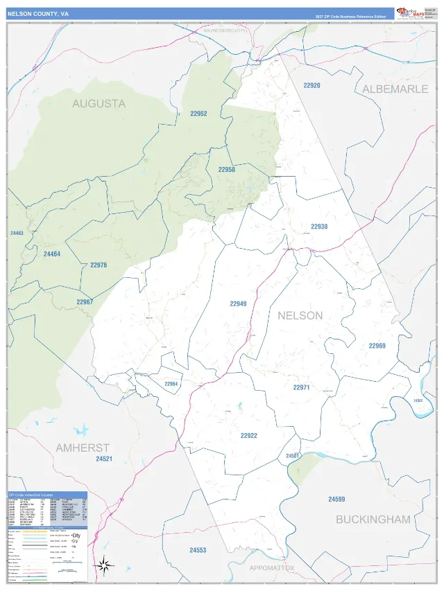 Nelson County, VA ZIP Code Wall Map, Business Reference style