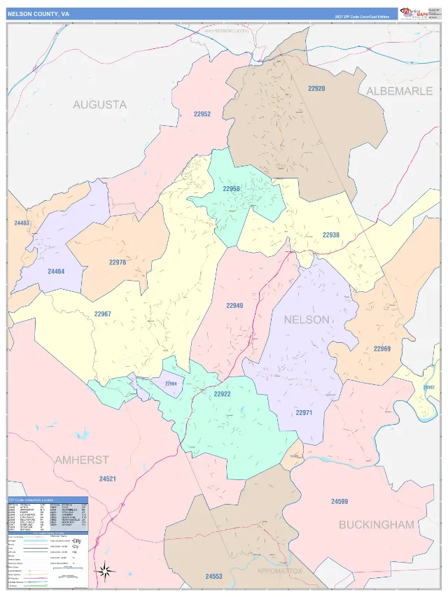 Nelson County, VA ZIP Code Wall Map, ColorCast style