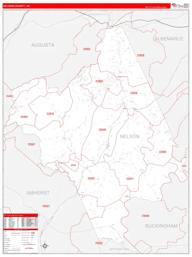 Nelson County, VA ZIP Code Wall Map, RedLine style