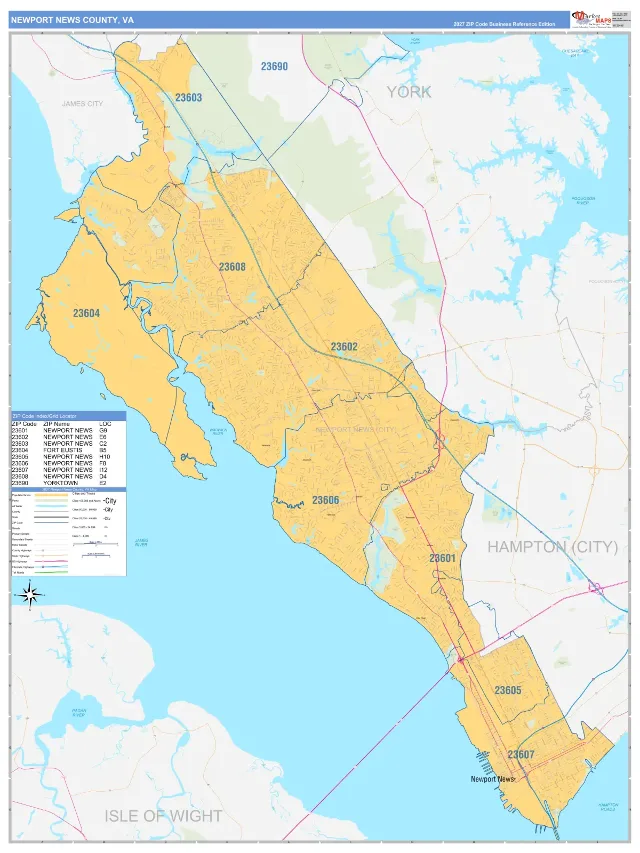 Newport News County, VA ZIP Code Wall Map, Business Reference style