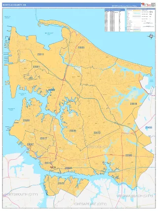 Norfolk County, VA Business Reference style ZIP Code wall map