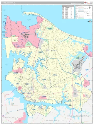 Norfolk County, VA Classic style ZIP Code wall map