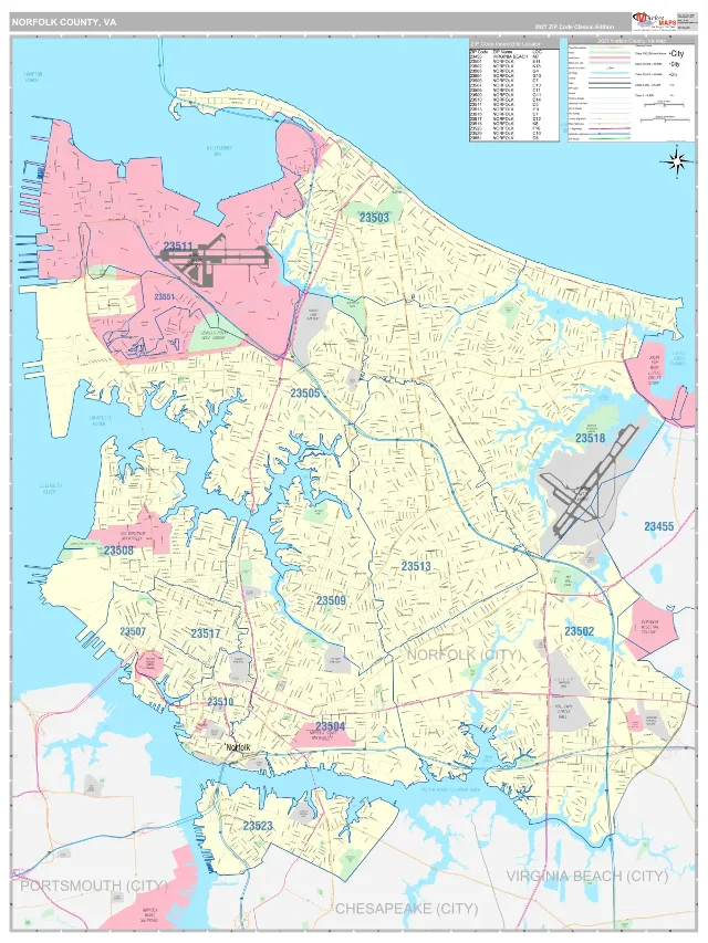 Norfolk County, VA ZIP Code Wall Map, Classic style