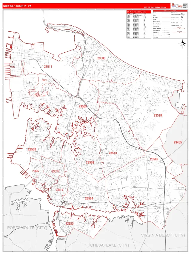 Norfolk County, VA ZIP Code Wall Map, RedLine style