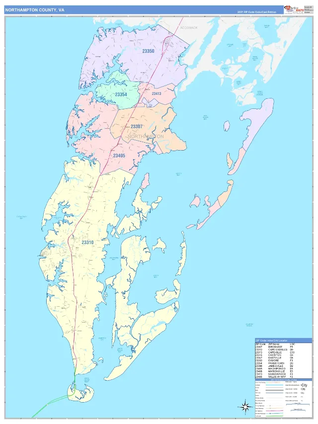 Northampton County, VA ZIP Code Wall Map, ColorCast style