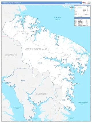 Northumberland County, VA Business Reference style ZIP Code wall map