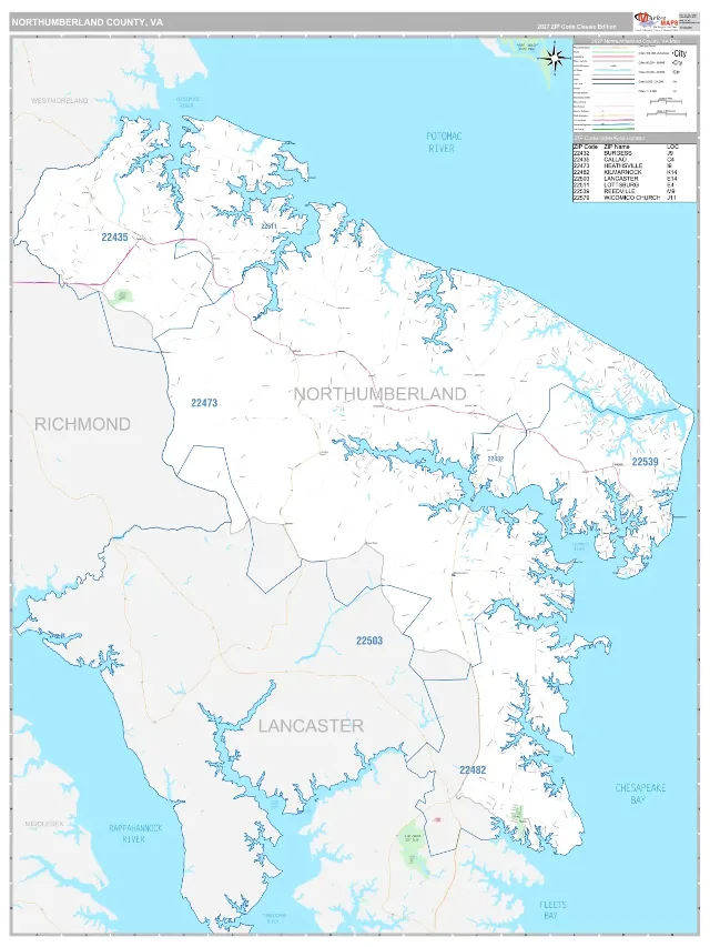 Northumberland County, VA ZIP Code Wall Map, Classic style