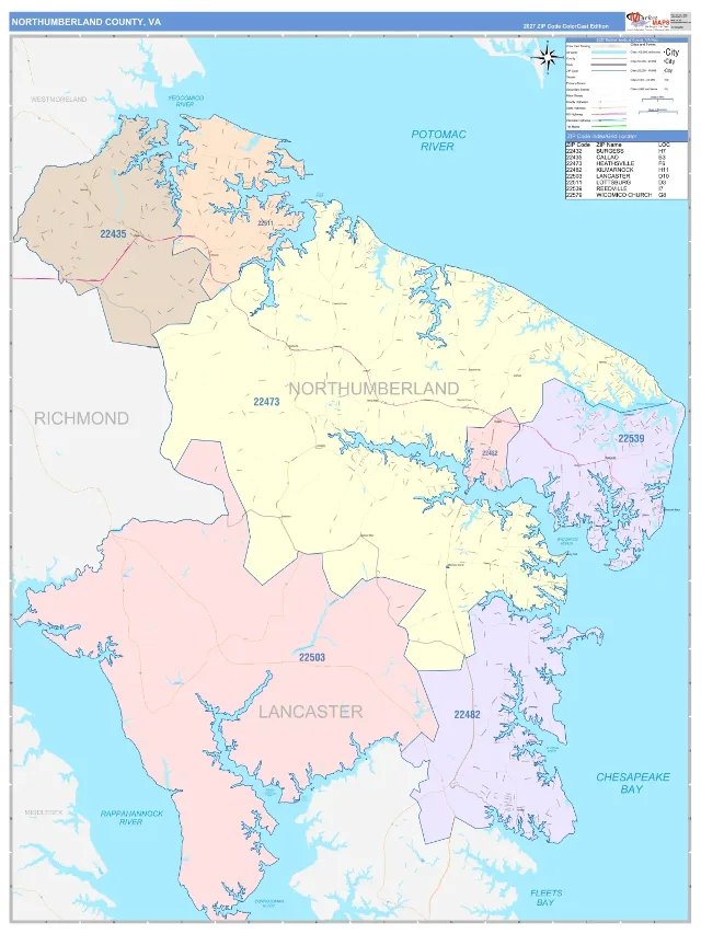 Northumberland County, VA ZIP Code Wall Map, ColorCast style