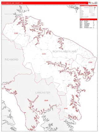 Northumberland County, VA RedLine style ZIP Code wall map
