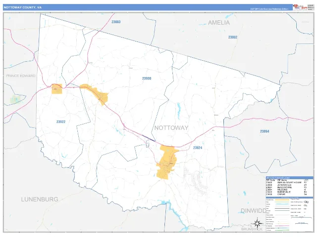 Nottoway County, VA ZIP Code Wall Map, Business Reference style