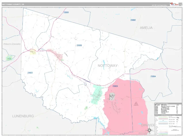 Nottoway County, VA ZIP Code Wall Map, Classic style