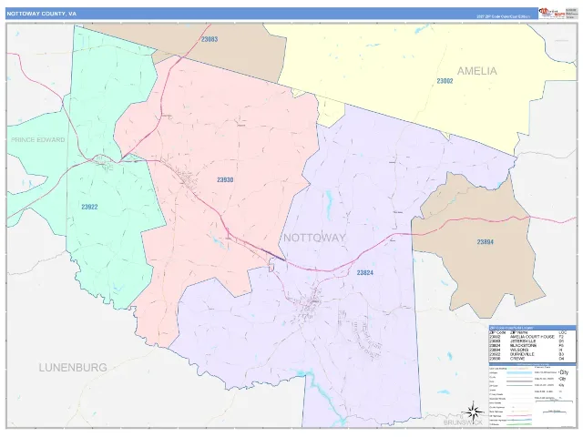 Nottoway County, VA ZIP Code Wall Map, ColorCast style