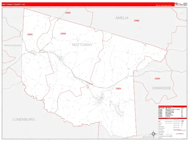 Nottoway County, VA ZIP Code Wall Map, RedLine style