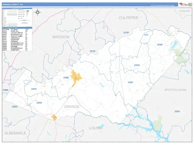 Orange County, VA ZIP Code Wall Map, Business Reference style