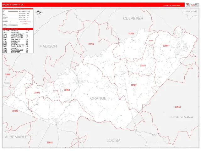 Orange County, VA ZIP Code Wall Map, RedLine style