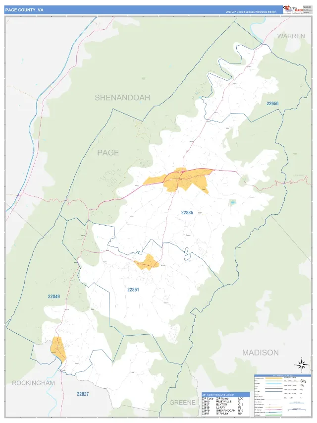 Page County, VA ZIP Code Wall Map, Business Reference style