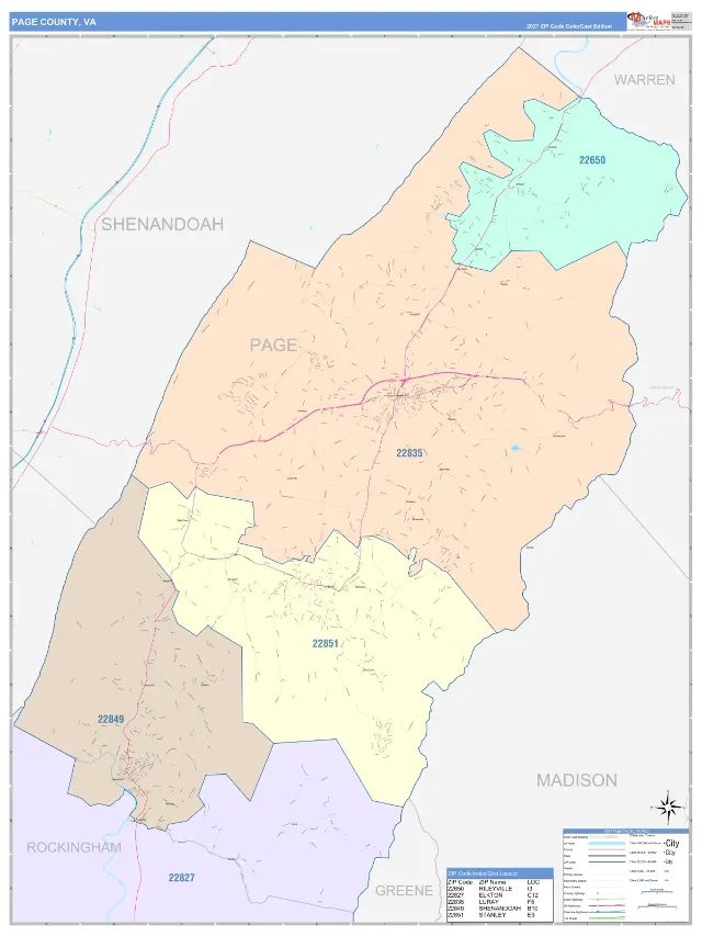 Page County, VA ZIP Code Wall Map, ColorCast style