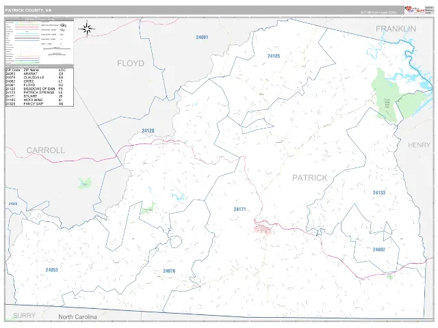 Patrick County, VA ZIP Code Wall Map, Classic style