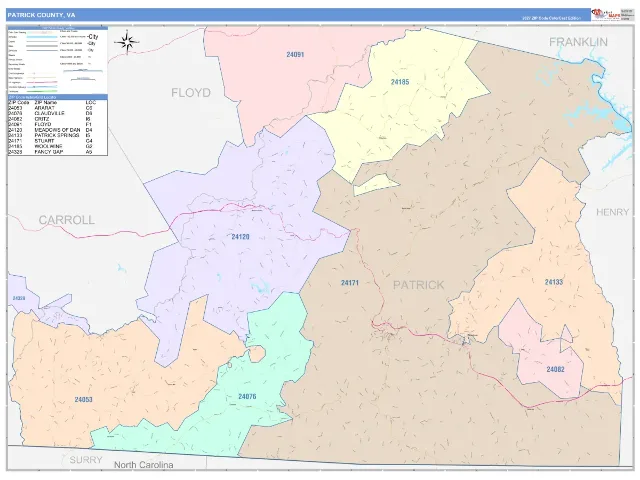 Patrick County, VA ZIP Code Wall Map, ColorCast style