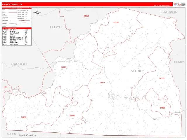 Patrick County, VA ZIP Code Wall Map, RedLine style