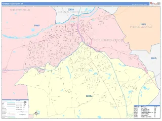 Petersburg County, VA ColorCast style ZIP Code wall map