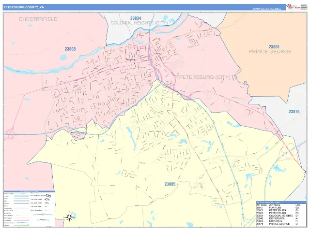 Petersburg County, VA ZIP Code Wall Map, ColorCast style
