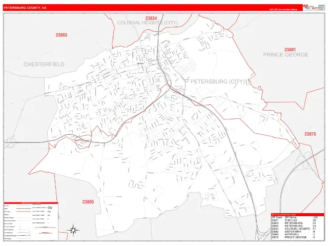 Petersburg County, VA ZIP Code Wall Map, RedLine style
