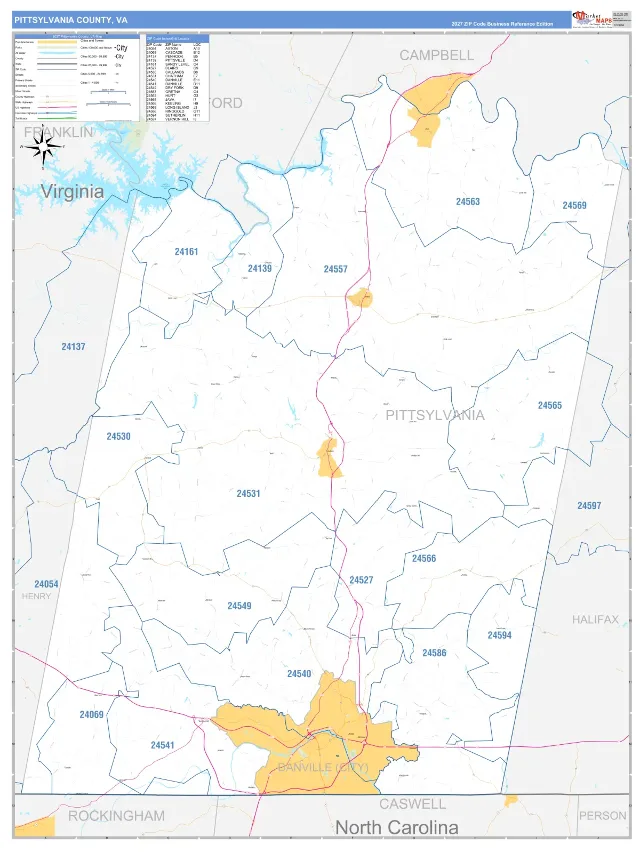 Pittsylvania County, VA ZIP Code Wall Map, Business Reference style