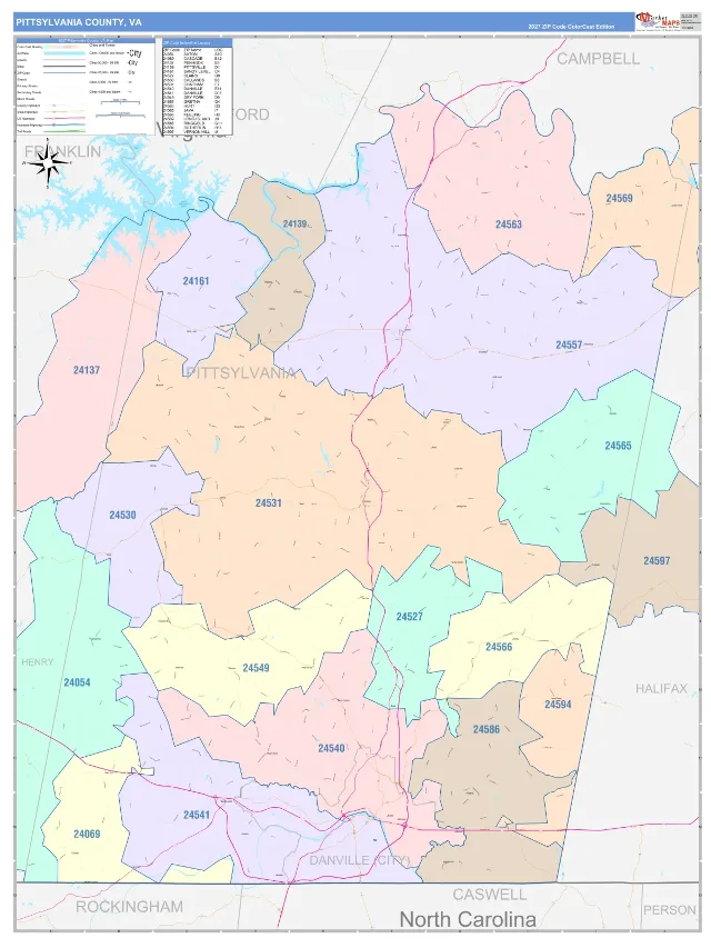 Pittsylvania County, VA ZIP Code Wall Map, ColorCast style
