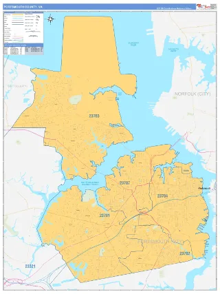 Portsmouth County, VA Business Reference style ZIP Code wall map