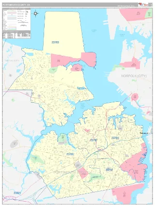 Portsmouth County, VA Classic style ZIP Code wall map