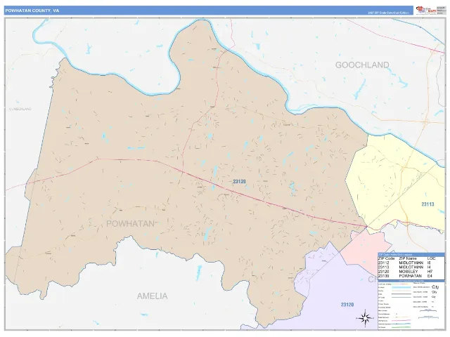 Powhatan County, VA ZIP Code Wall Map, ColorCast style