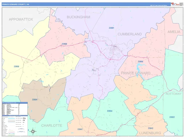 Prince Edward County, VA ZIP Code Wall Map, ColorCast style