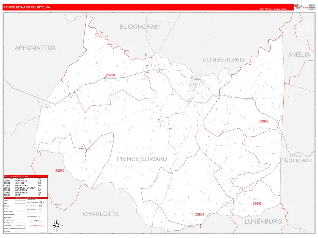Prince Edward County, VA ZIP Code Wall Map, RedLine style