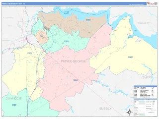 Prince George County, VA ColorCast style ZIP Code wall map