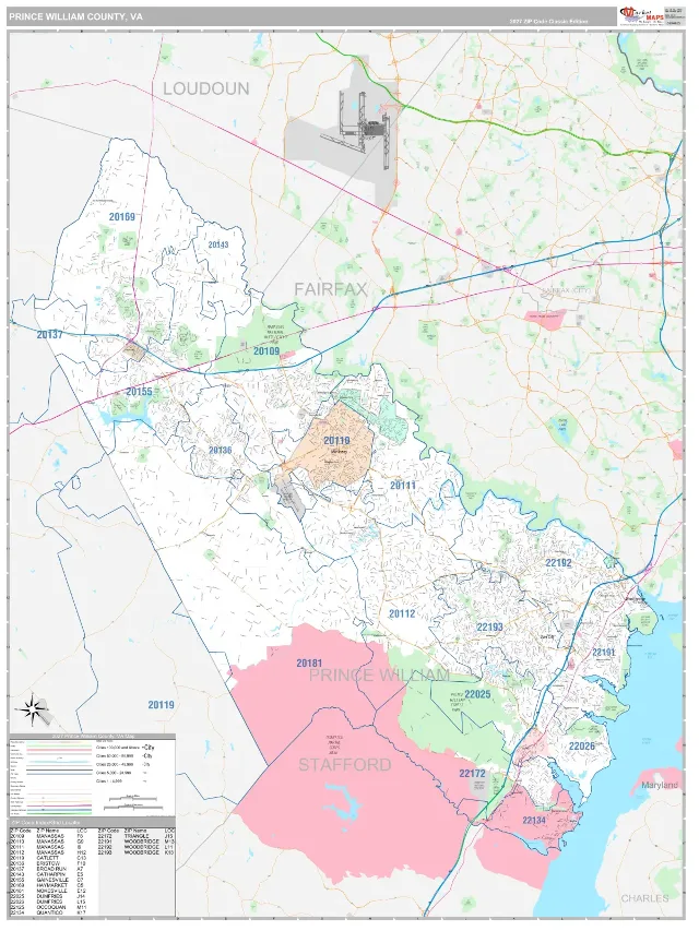 Prince William County, VA ZIP Code Wall Map, Classic style
