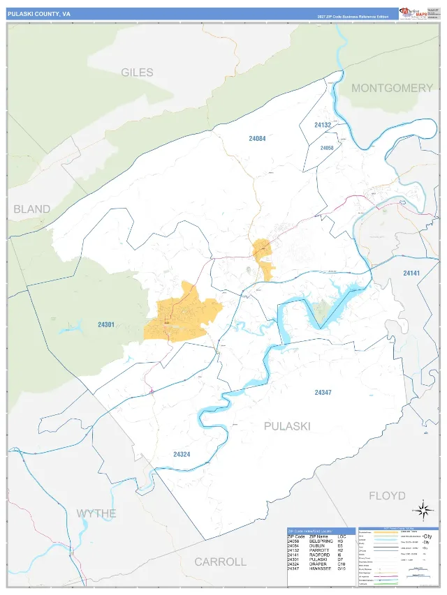 Pulaski County, VA ZIP Code Wall Map, Business Reference style