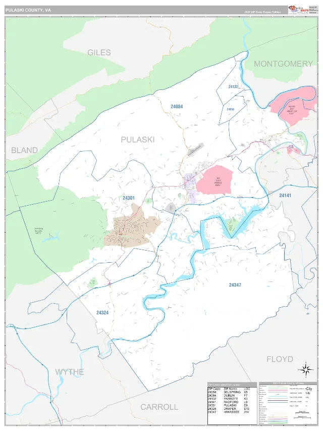 Pulaski County, VA ZIP Code Wall Map, Classic style