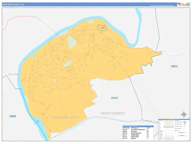 Radford County, VA ZIP Code Wall Map, Business Reference style