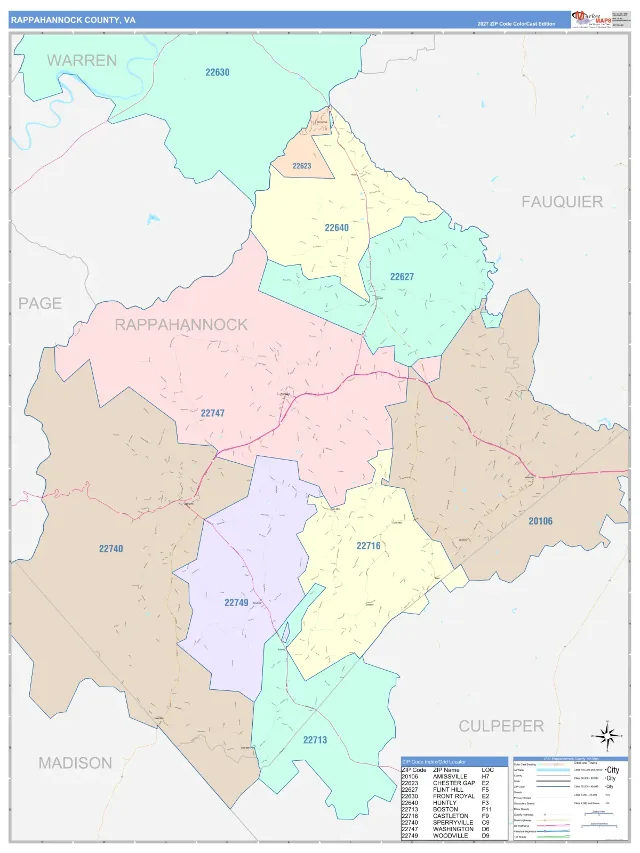 Rappahannock County, VA ZIP Code Wall Map, ColorCast style