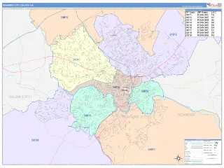 Roanoke City County, VA ColorCast style ZIP Code wall map