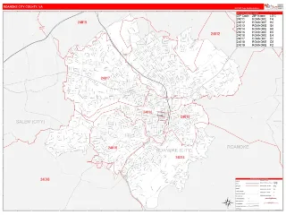 Roanoke City County, VA RedLine style ZIP Code wall map