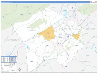 Roanoke County, VA Business Reference style ZIP Code wall map