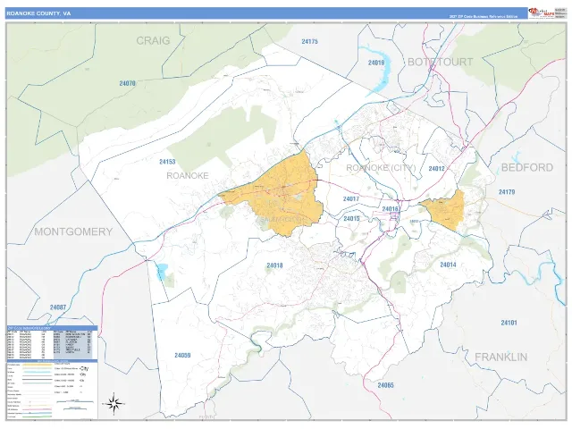 Roanoke County, VA ZIP Code Wall Map, Business Reference style