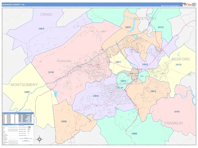 Roanoke County, VA ZIP Code Wall Map, ColorCast style