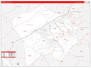 Roanoke County, VA RedLine style ZIP Code wall map