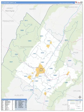 Rockingham County, VA Business Reference style ZIP Code wall map
